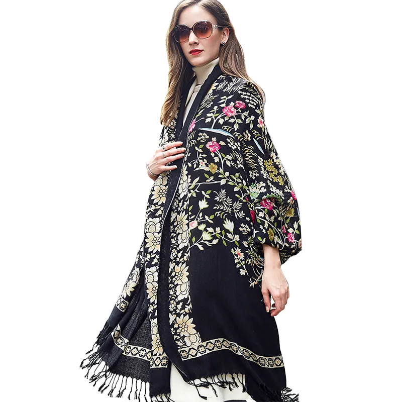 Premium Wool Shawl Ladies Long Cape - Elegant Black Triangle Scarf with Plant and Flower Pattern