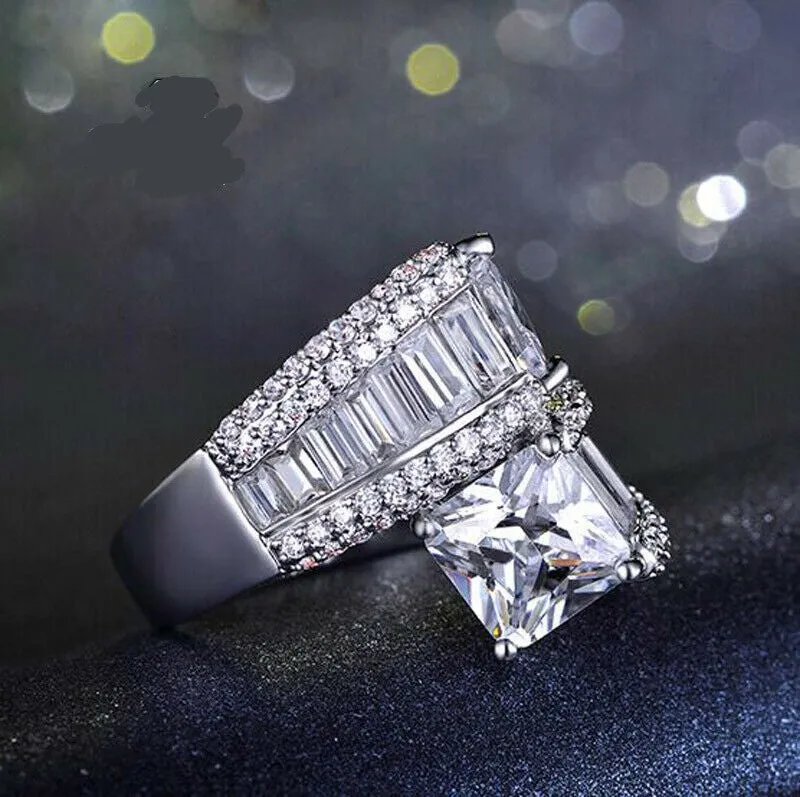 Princess Cut 4.9CT Baguette CZ Crossover Cocktail Ring