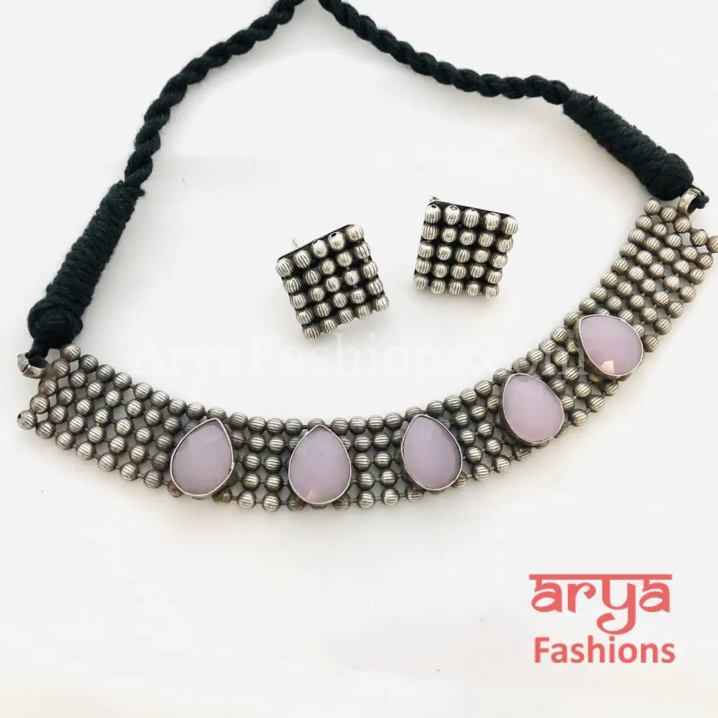 Purple Stones Oxidized Tribal Necklace with Cultured Stones