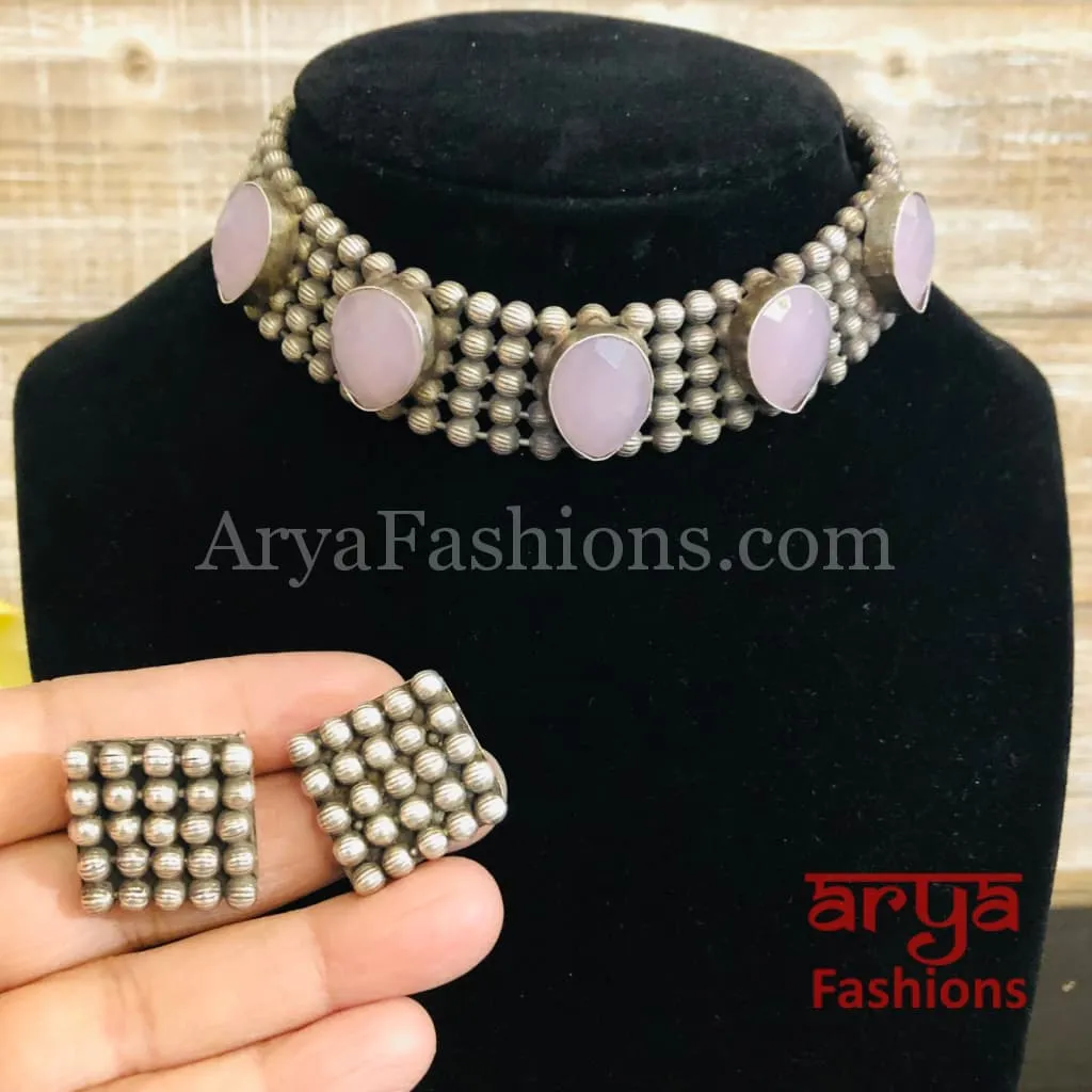 Purple Stones Oxidized Tribal Necklace with Cultured Stones