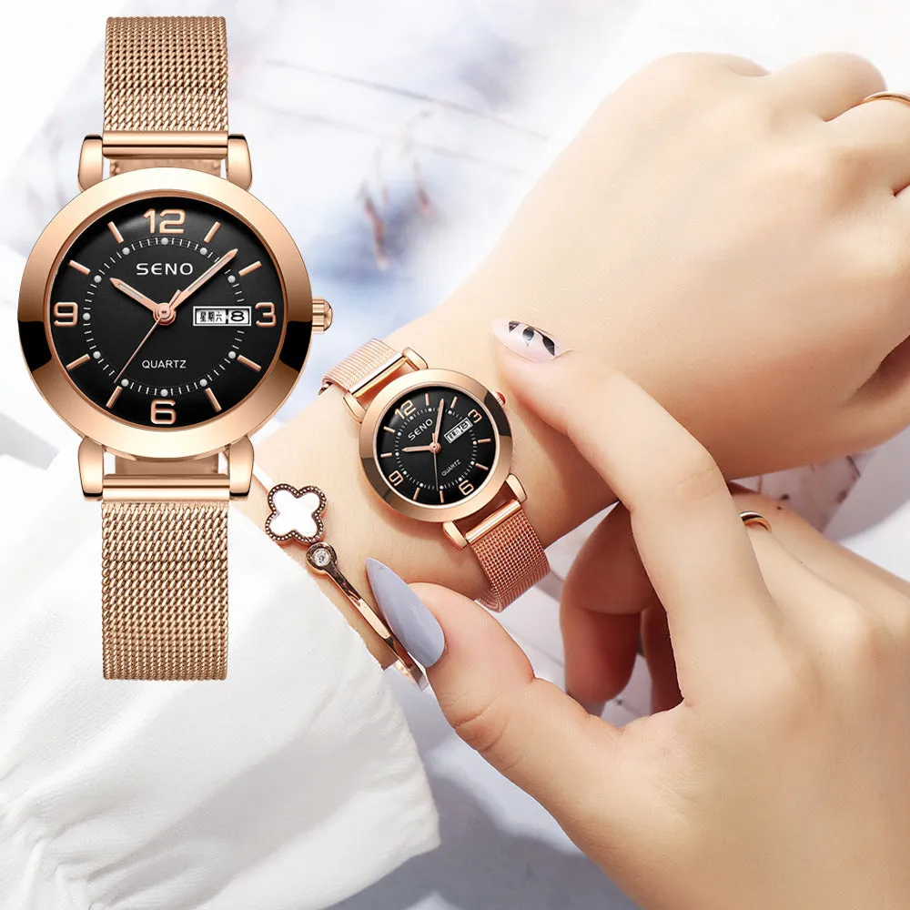 Quartz Watch Non-Mechanical Women's Watch Luminous Waterproof Double Calendar Female Student Steel Strap Watch