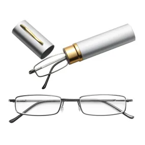 Reading Glasses Metal Spring Foot Portable Presbyopic Glasses with Tube Case  2.50D(Silver Gray)