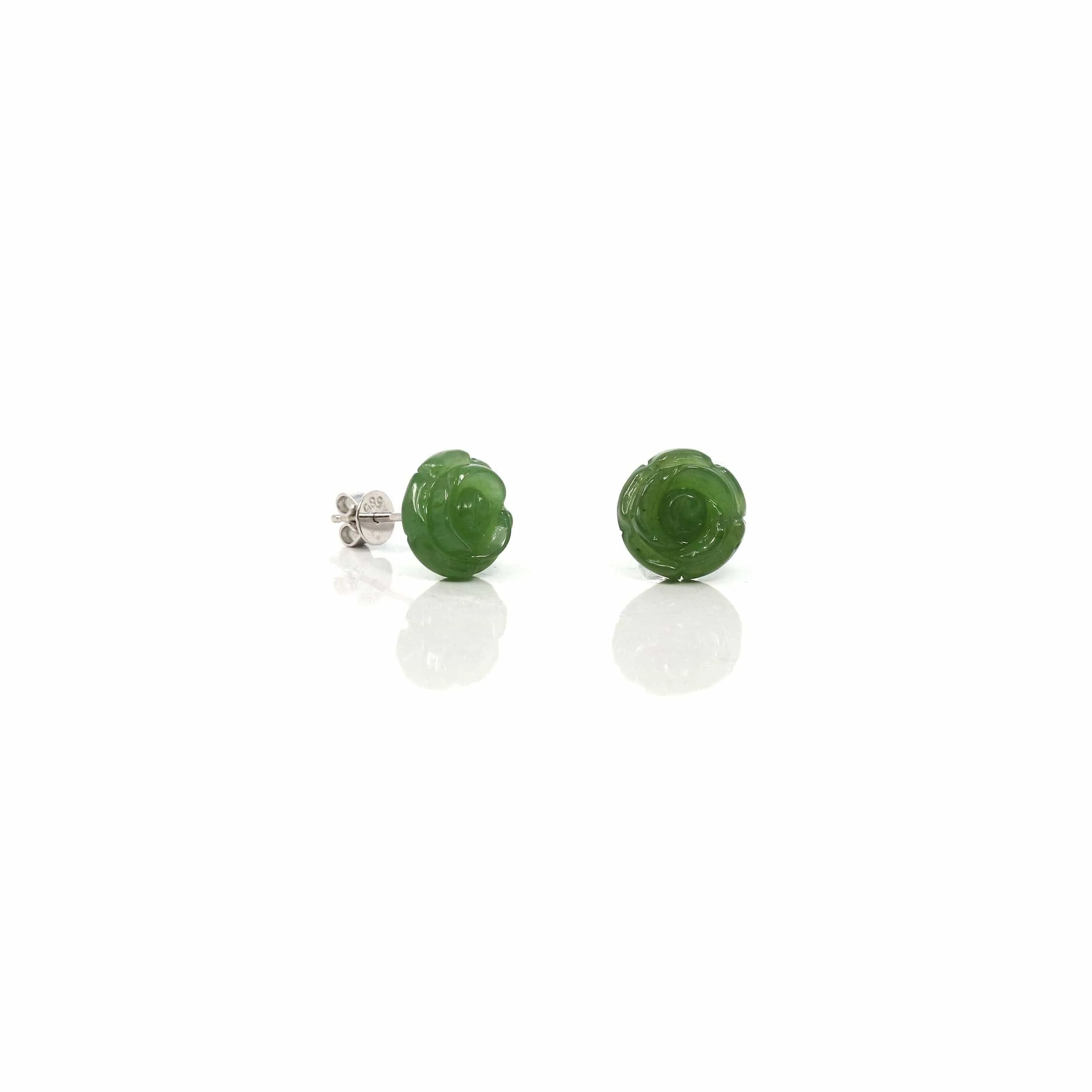 RealJade® "Rose Flowers" 14k Solid Gold Real Green Jade Rose Flower Earrings