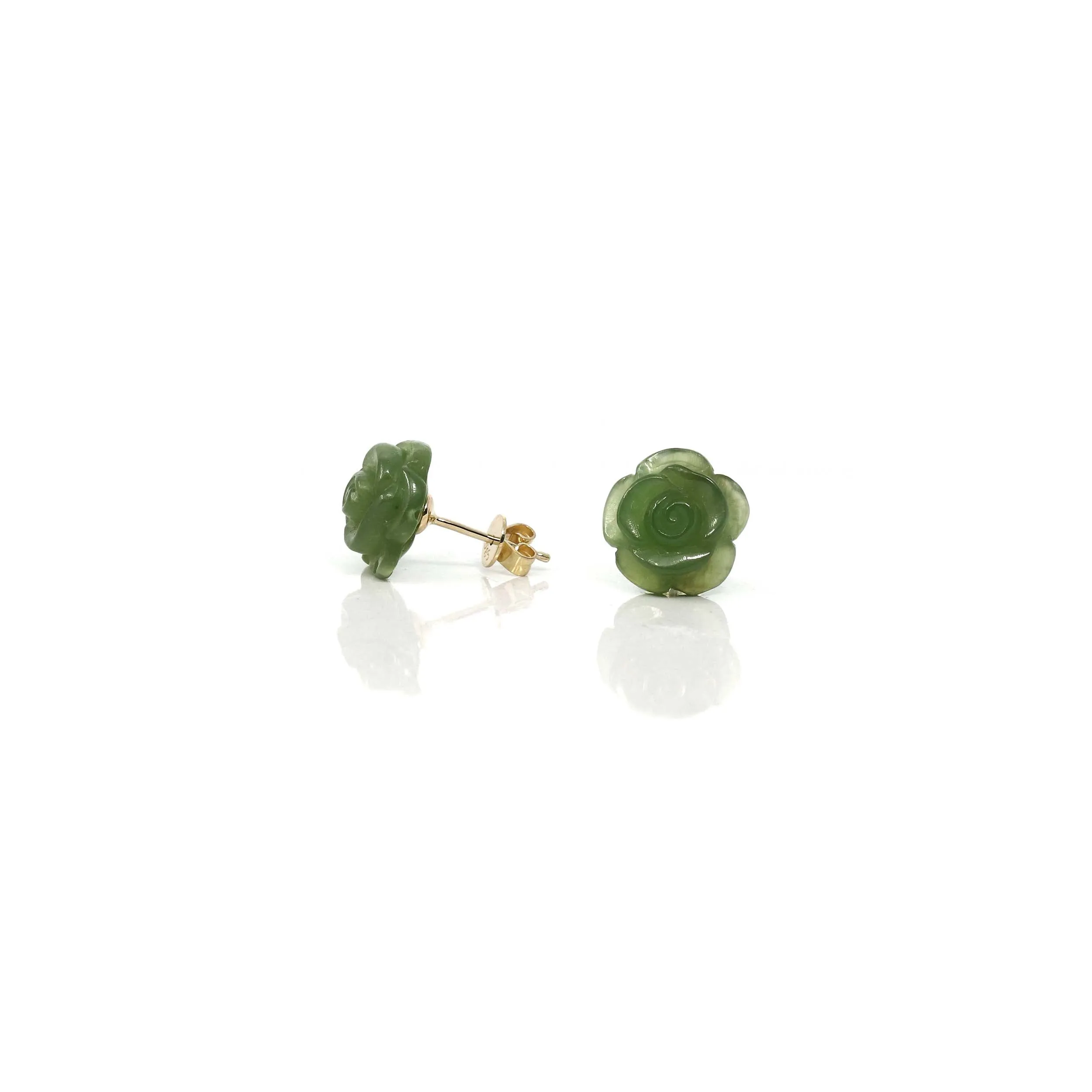 RealJade® "Rose Flowers" 14k Solid Gold Real Green Jade Rose Flower Earrings