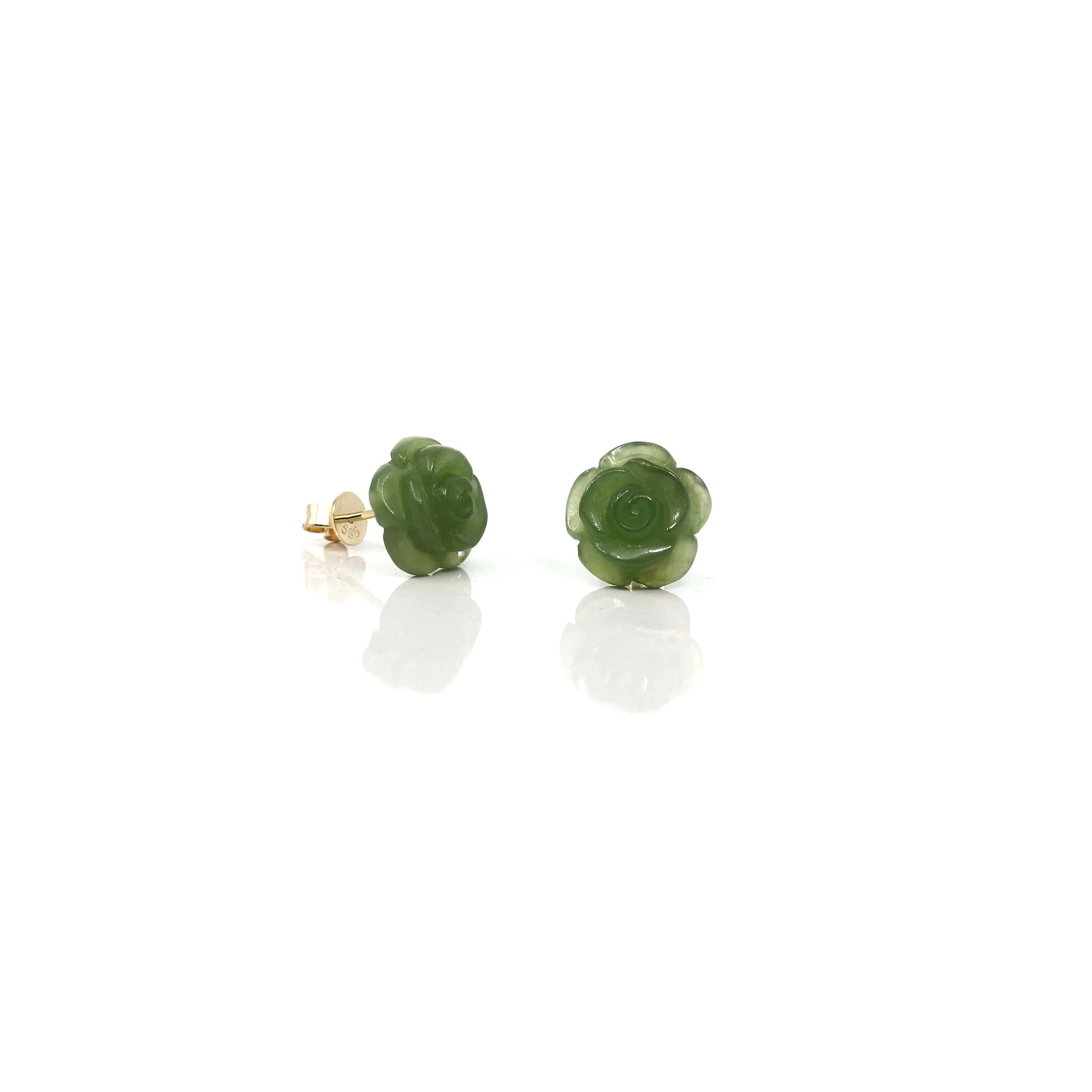 RealJade® "Rose Flowers" 14k Solid Gold Real Green Jade Rose Flower Earrings