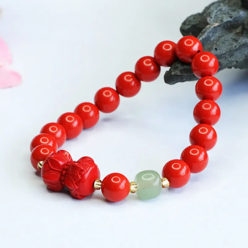 Red Lotus Cinnabar and Jade Bracelet