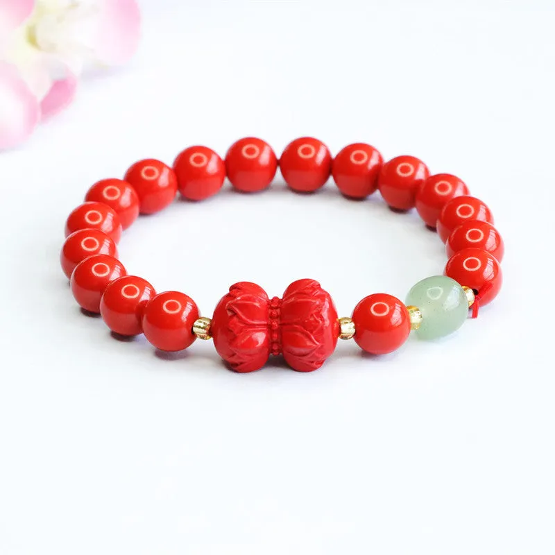 Red Lotus Cinnabar and Jade Bracelet