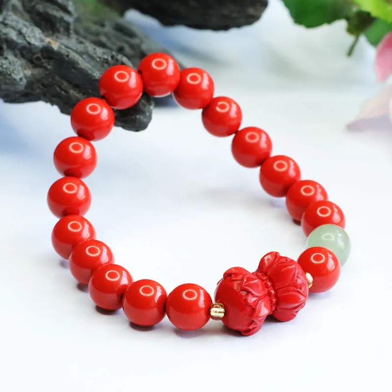 Red Lotus Cinnabar and Jade Bracelet