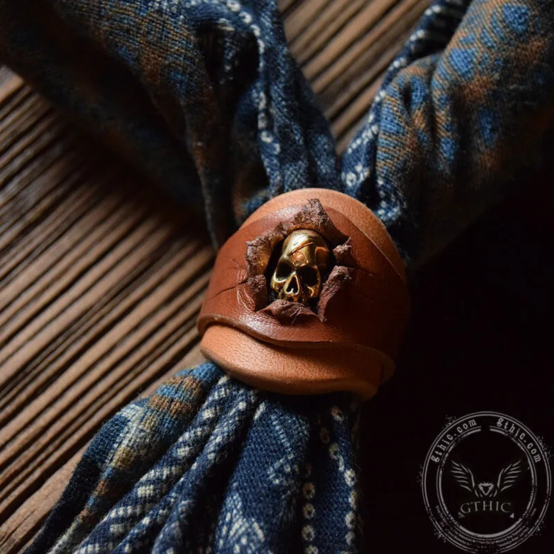 Retro Skull Brass Leather Scarf Ring