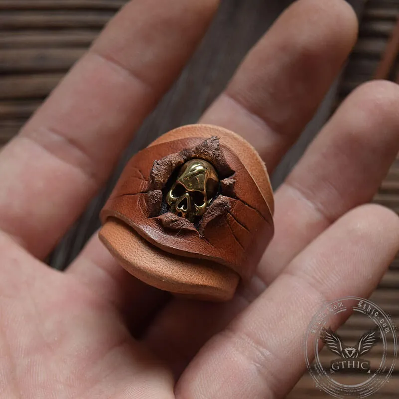 Retro Skull Brass Leather Scarf Ring