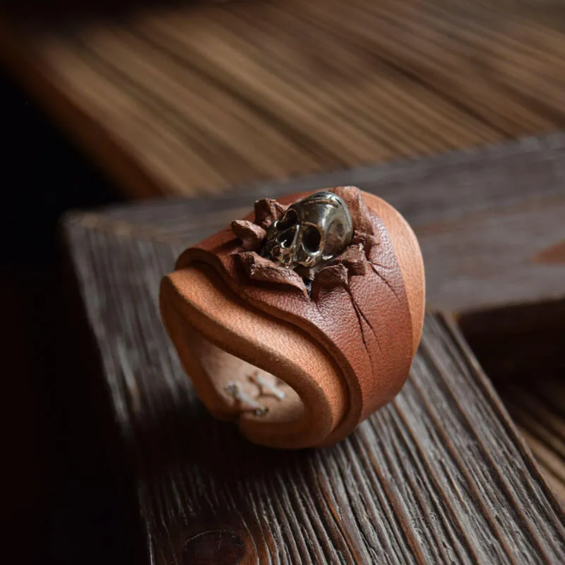 Retro Skull Brass Leather Scarf Ring