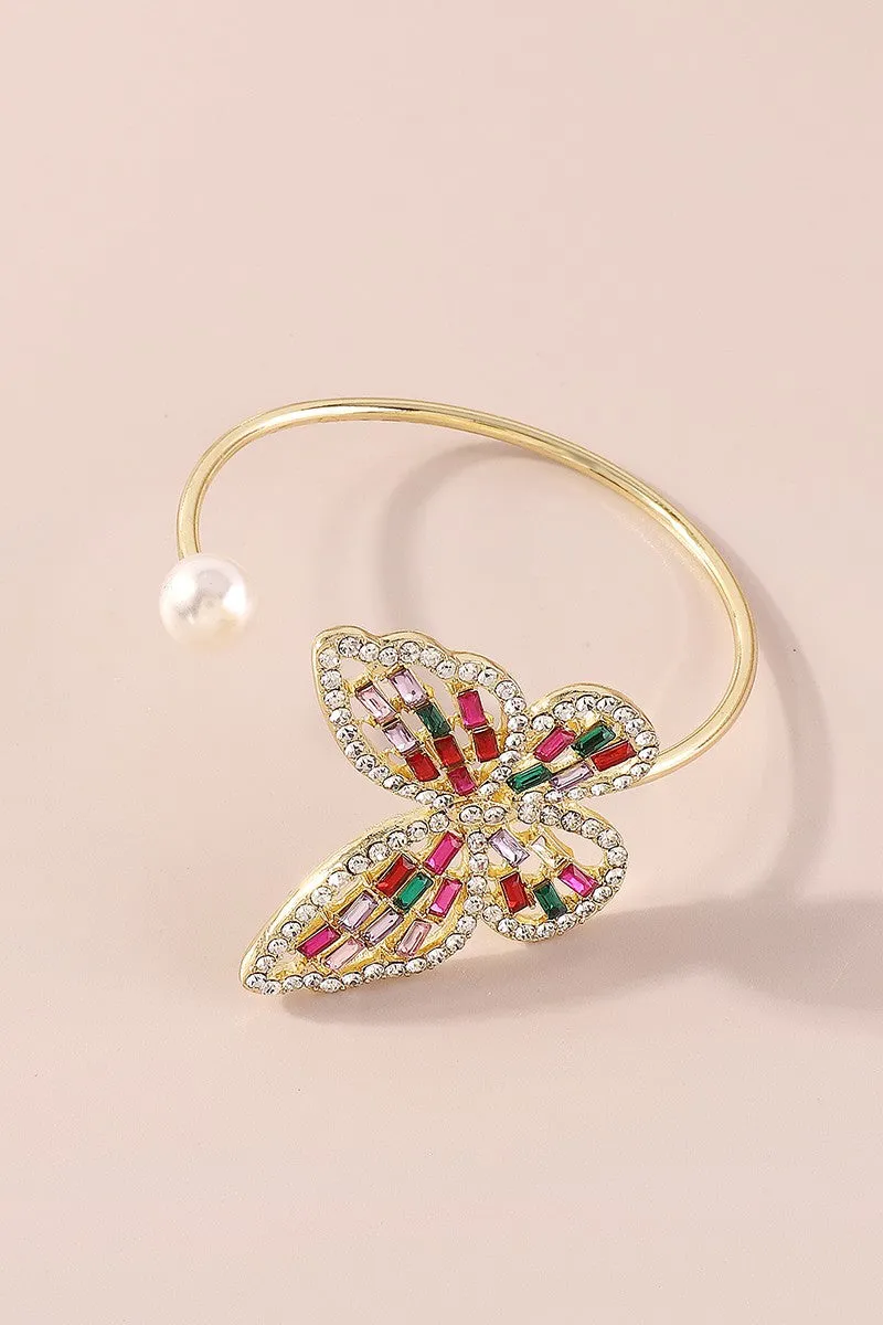 Rhinestone Butterfly Pearl Adjustable Bracelet