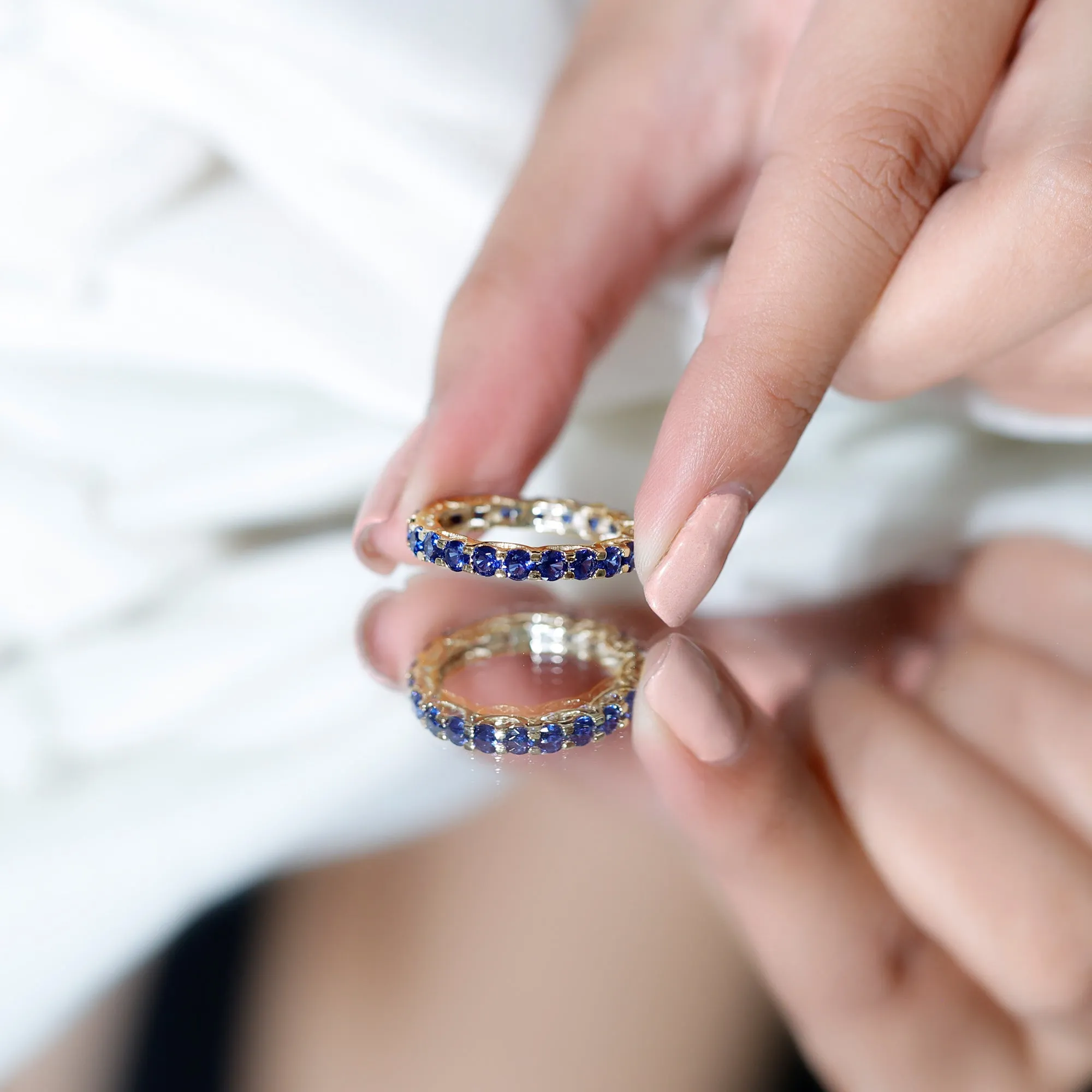 Round Lab Grown Blue Sapphire Full Eternity Band Ring