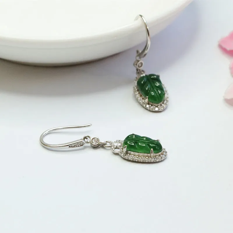 S925 Sterling Silver Natural Ice Emperor Green Jade Leaf Earrings