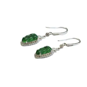 S925 Sterling Silver Natural Ice Emperor Green Jade Leaf Earrings