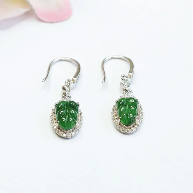 S925 Sterling Silver Natural Ice Emperor Green Jade Leaf Earrings