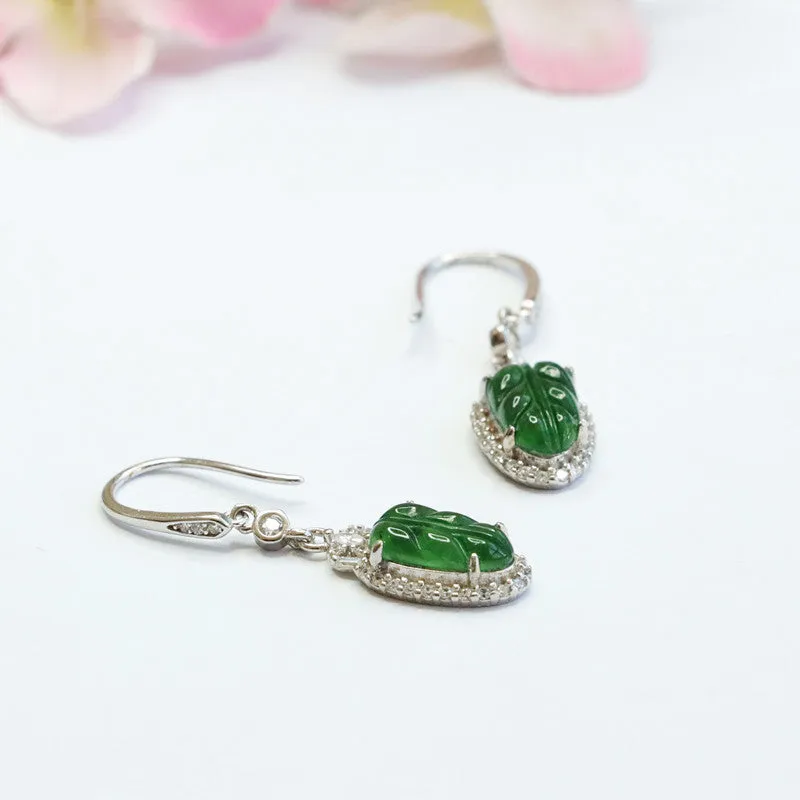 S925 Sterling Silver Natural Ice Emperor Green Jade Leaf Earrings