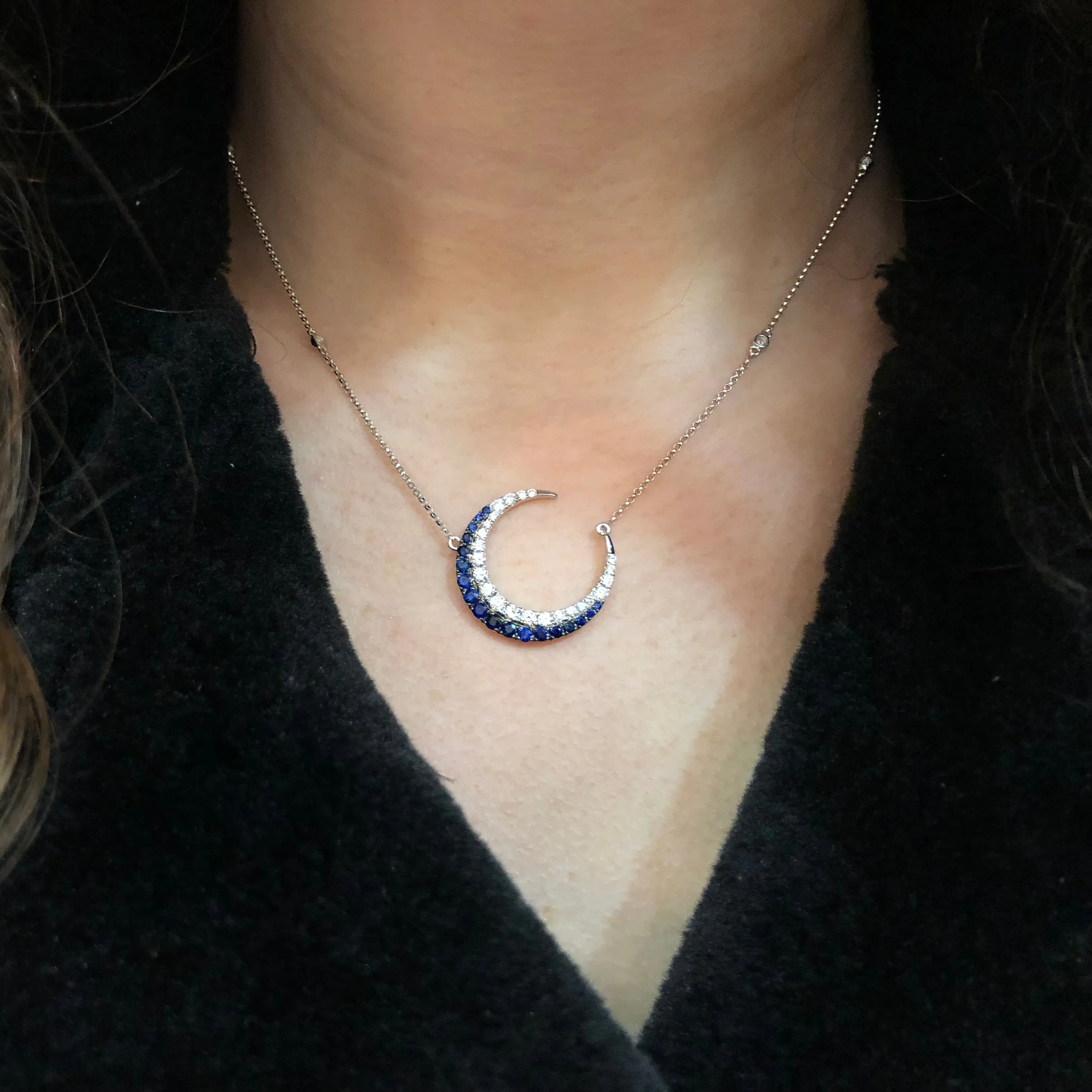 Sapphire & Diamond Crescent Moon Pendant Necklace