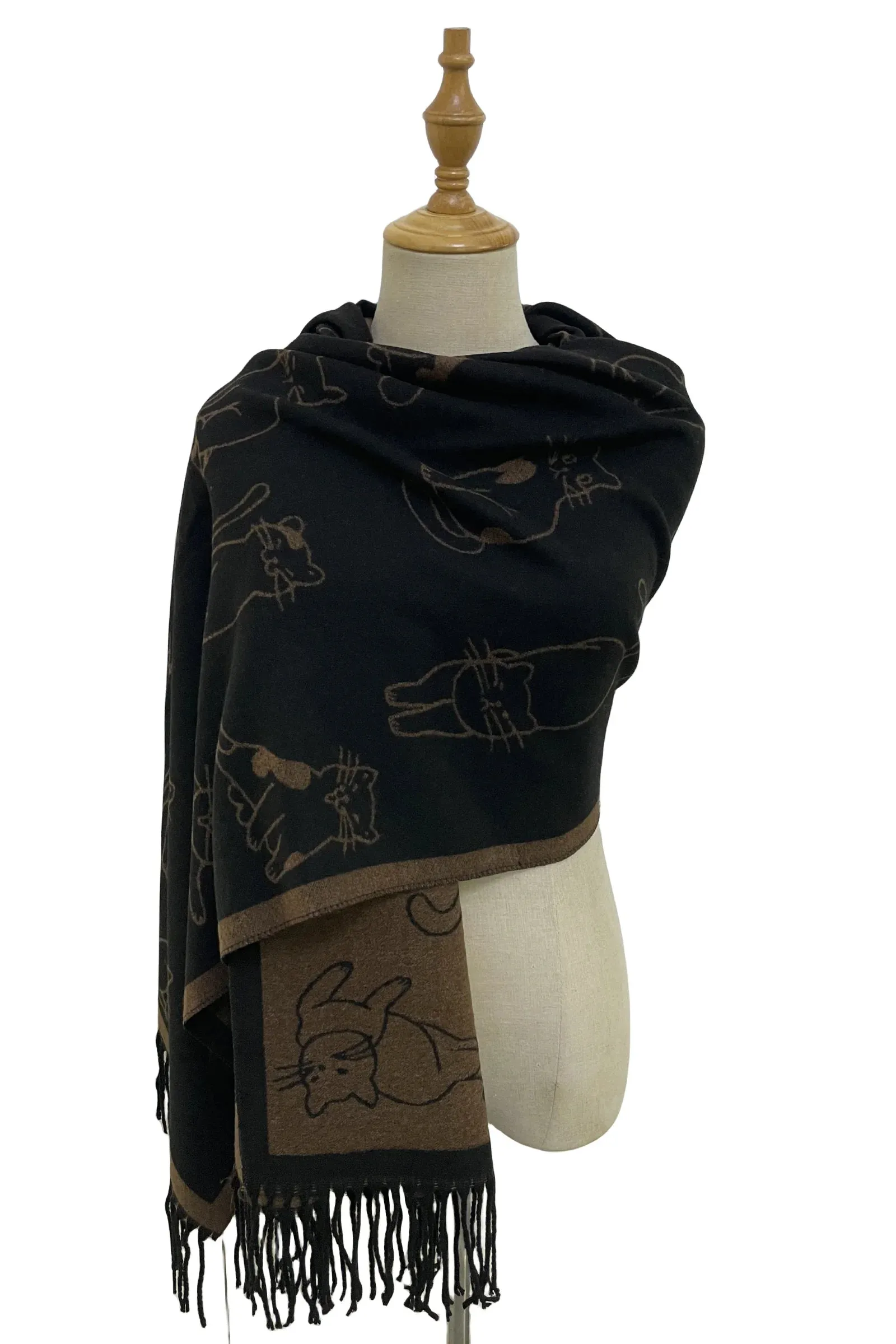 SC-7323-A Black Cat Reversible Tassel Scarf