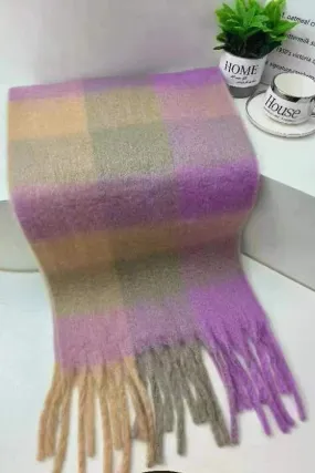 SC-7878-I Lilac Grey Check Blanket Tassel Scarf