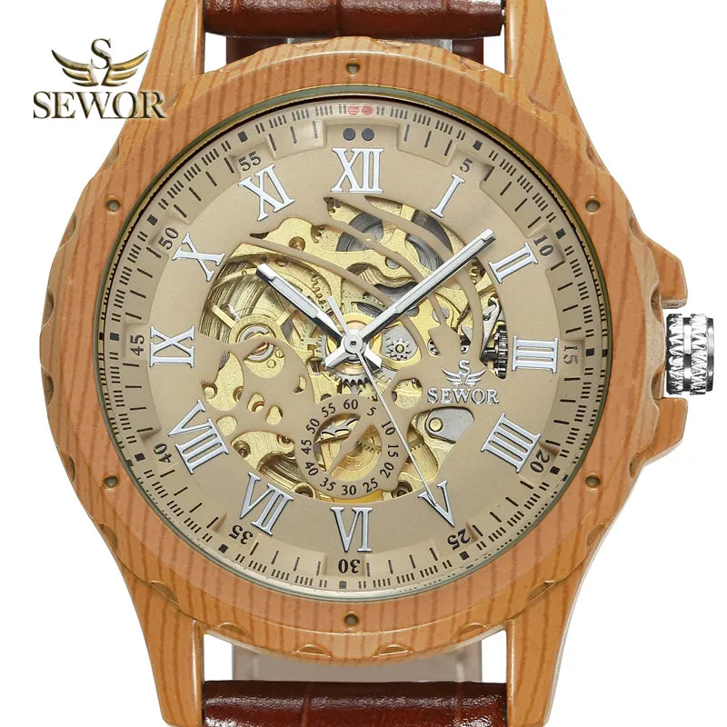 SEWOR 2018 Newest Imitation wood metal Dual digital display of men's automatic mechanical watch C336