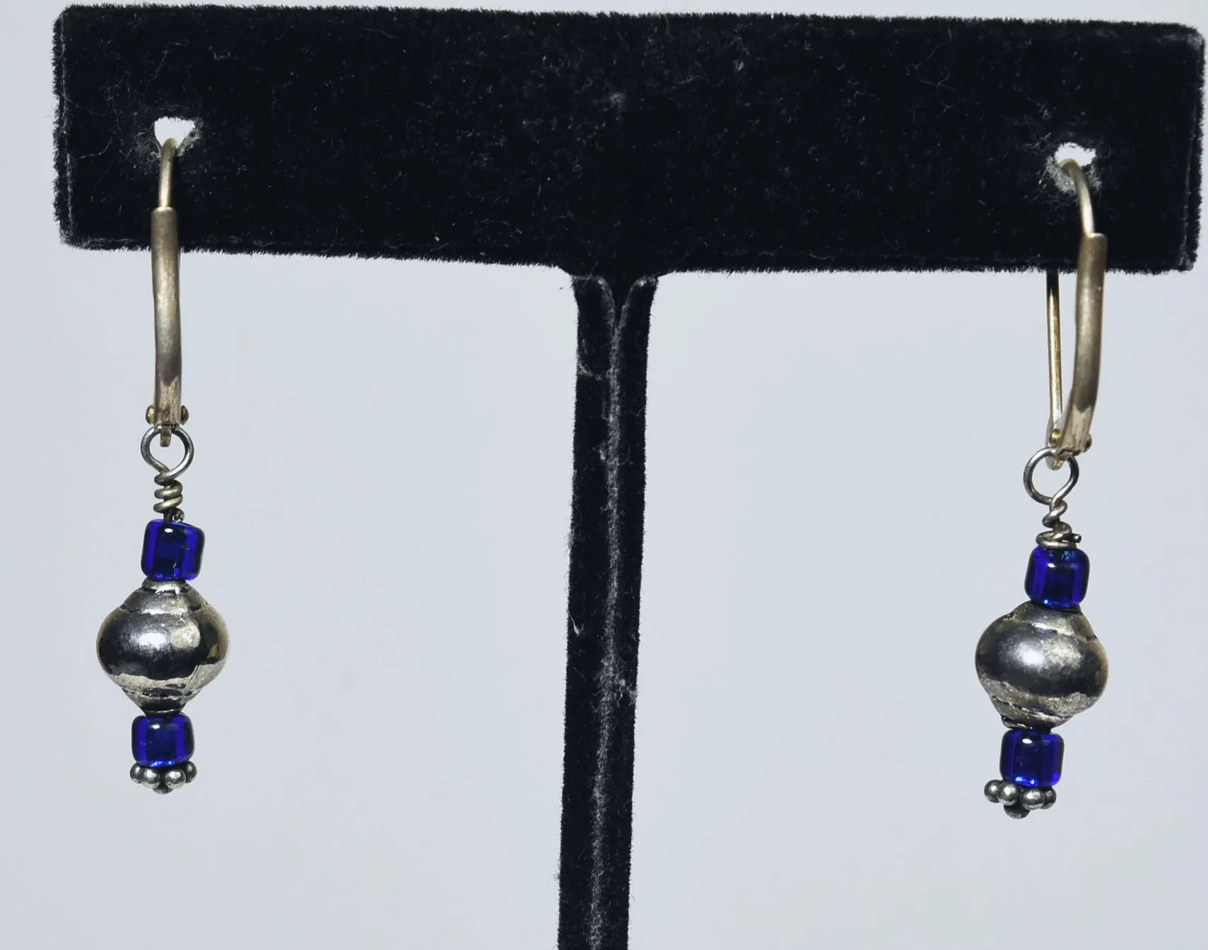 Silver and Blue Bead Dangle Earrings