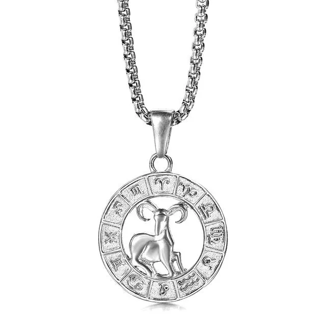 Silver Color 12 Horoscope Zodiac Sign Pendant Necklace For Women Men