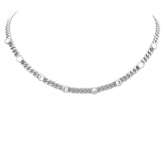 Silver Linked Chain Necklace with Cubic Zirconia Stations