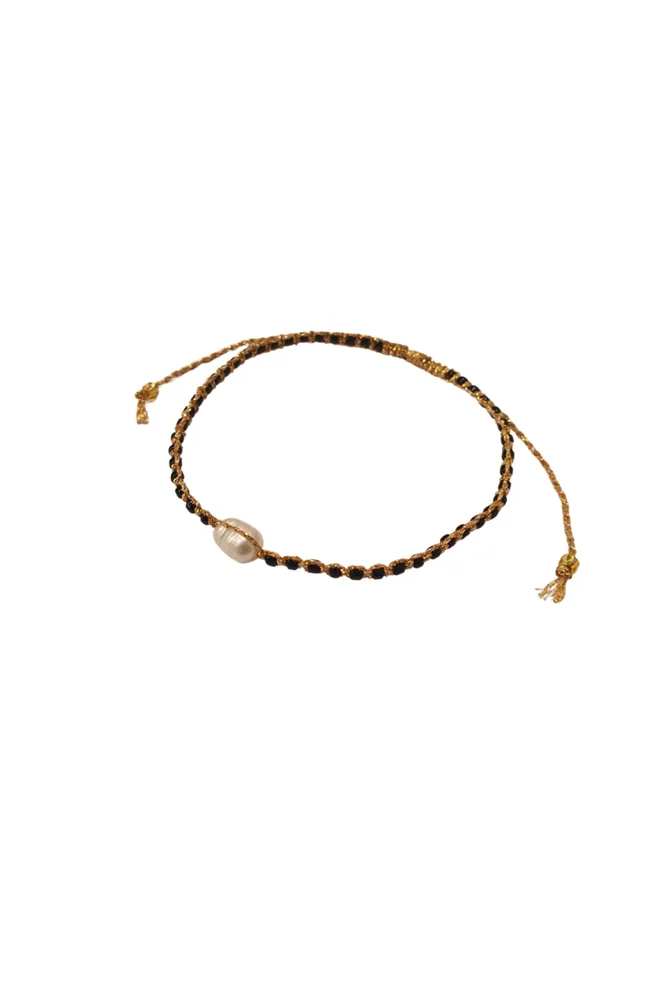 Sliding Knot Freshwater Pearl & Gold Lurex Bracelet