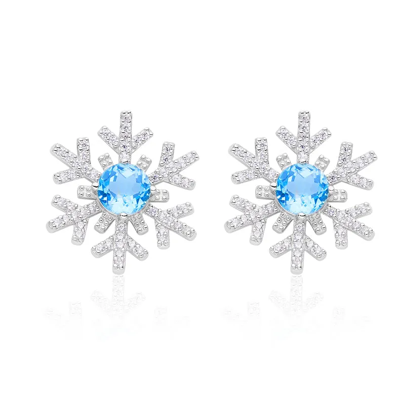 Snowflake with Round Blue Topaz Stud Earrings