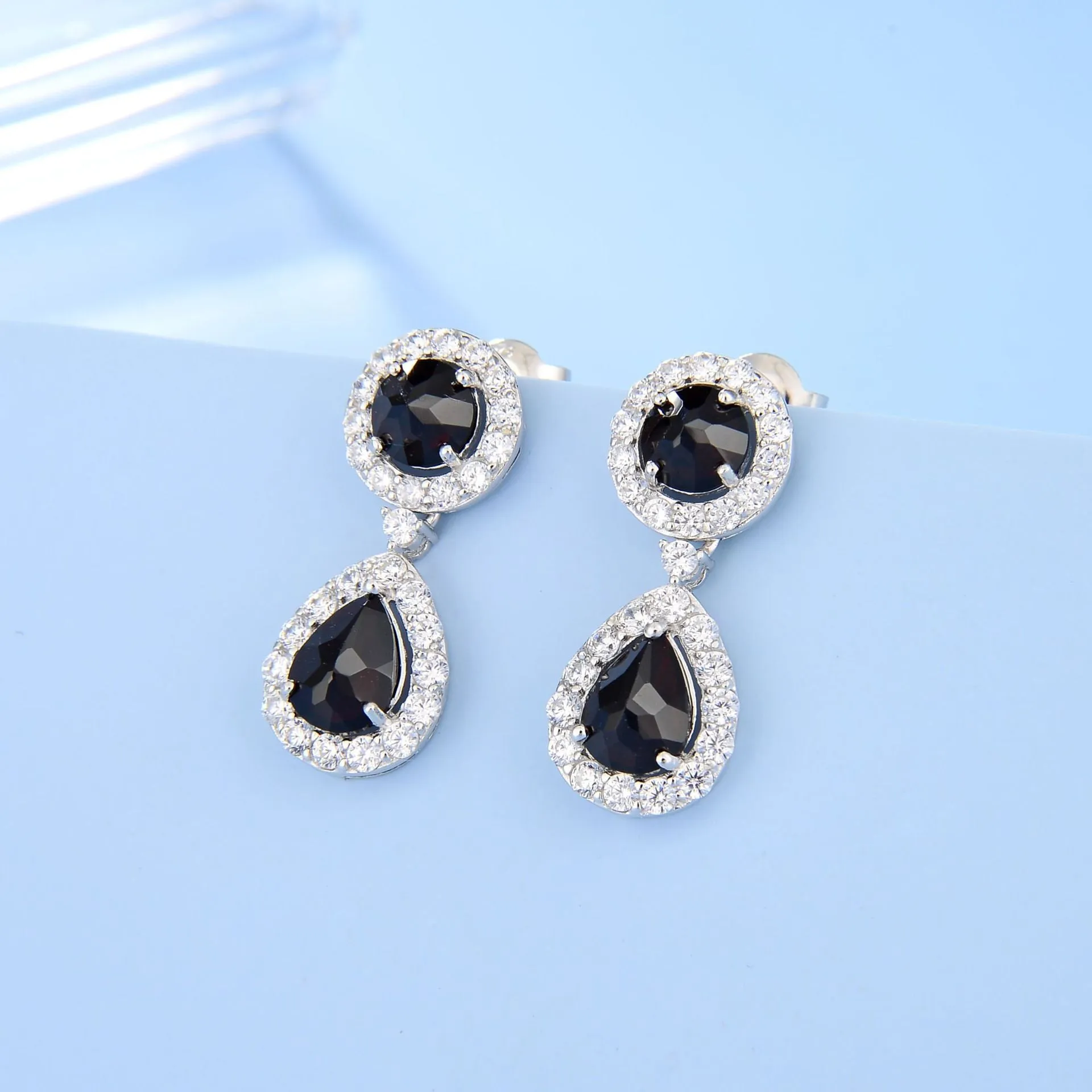 Soleste Halo Round Shape and Pear Shape Natural Gemstone Silver Drop Earrings