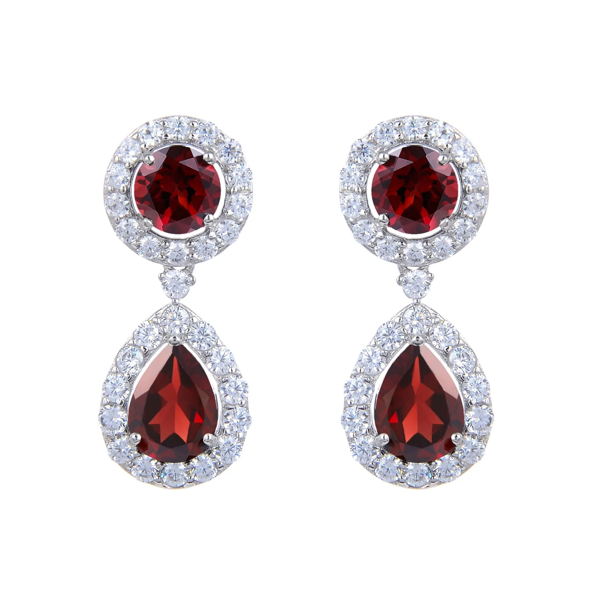 Soleste Halo Round Shape and Pear Shape Natural Gemstone Silver Drop Earrings