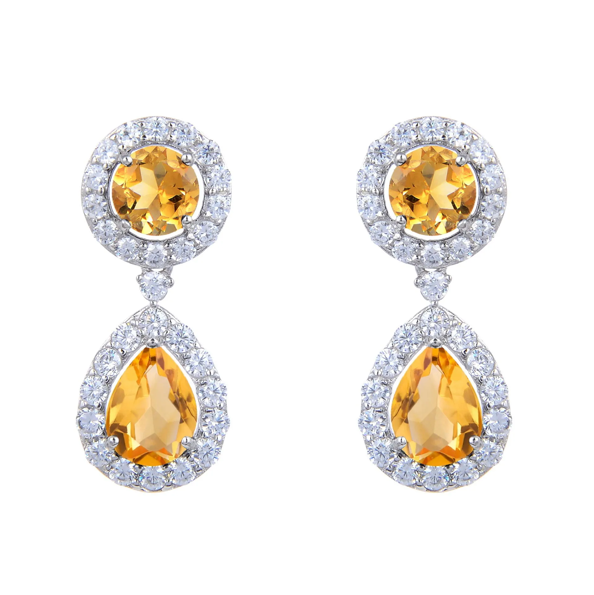 Soleste Halo Round Shape and Pear Shape Natural Gemstone Silver Drop Earrings