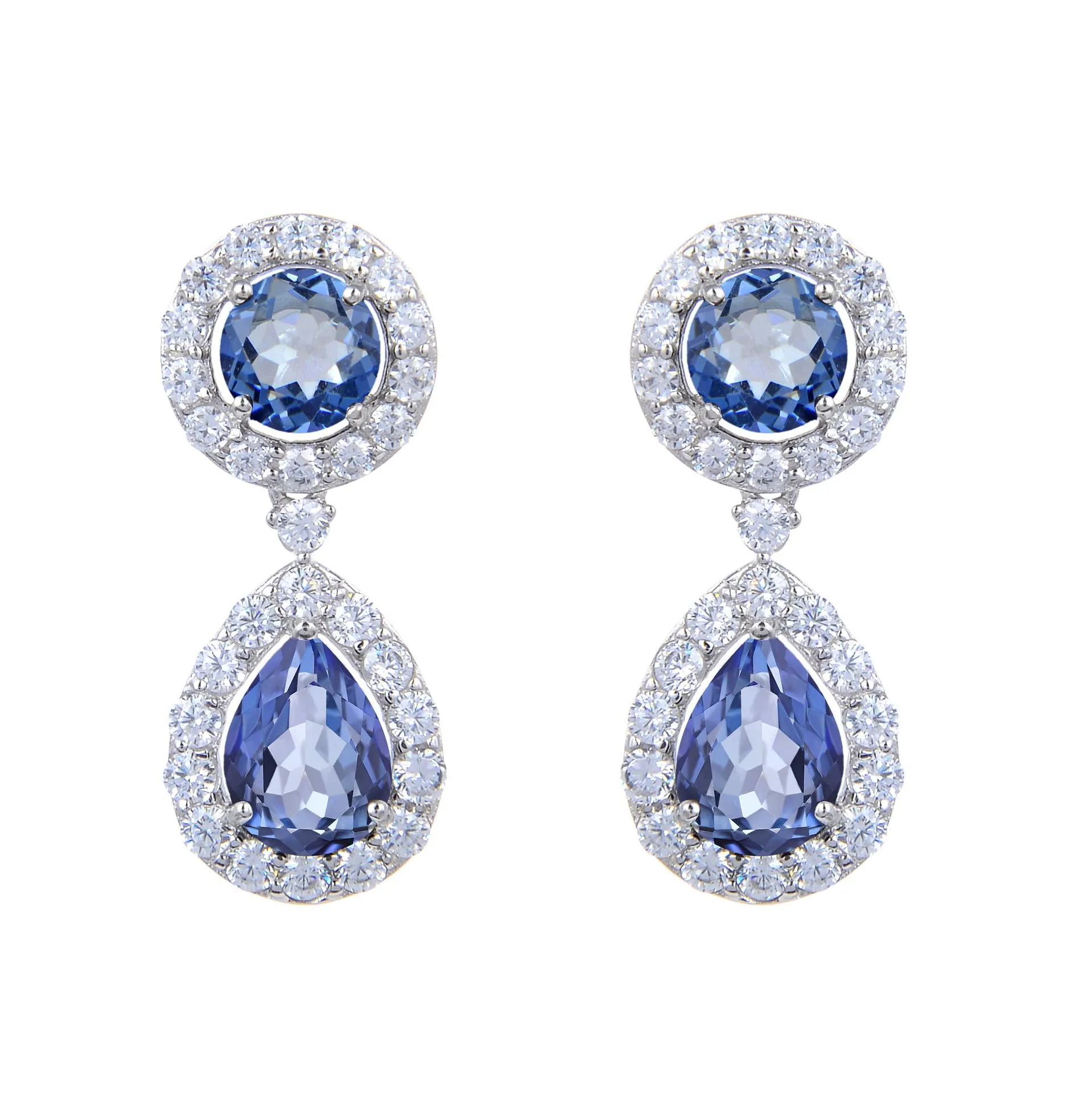 Soleste Halo Round Shape and Pear Shape Natural Gemstone Silver Drop Earrings