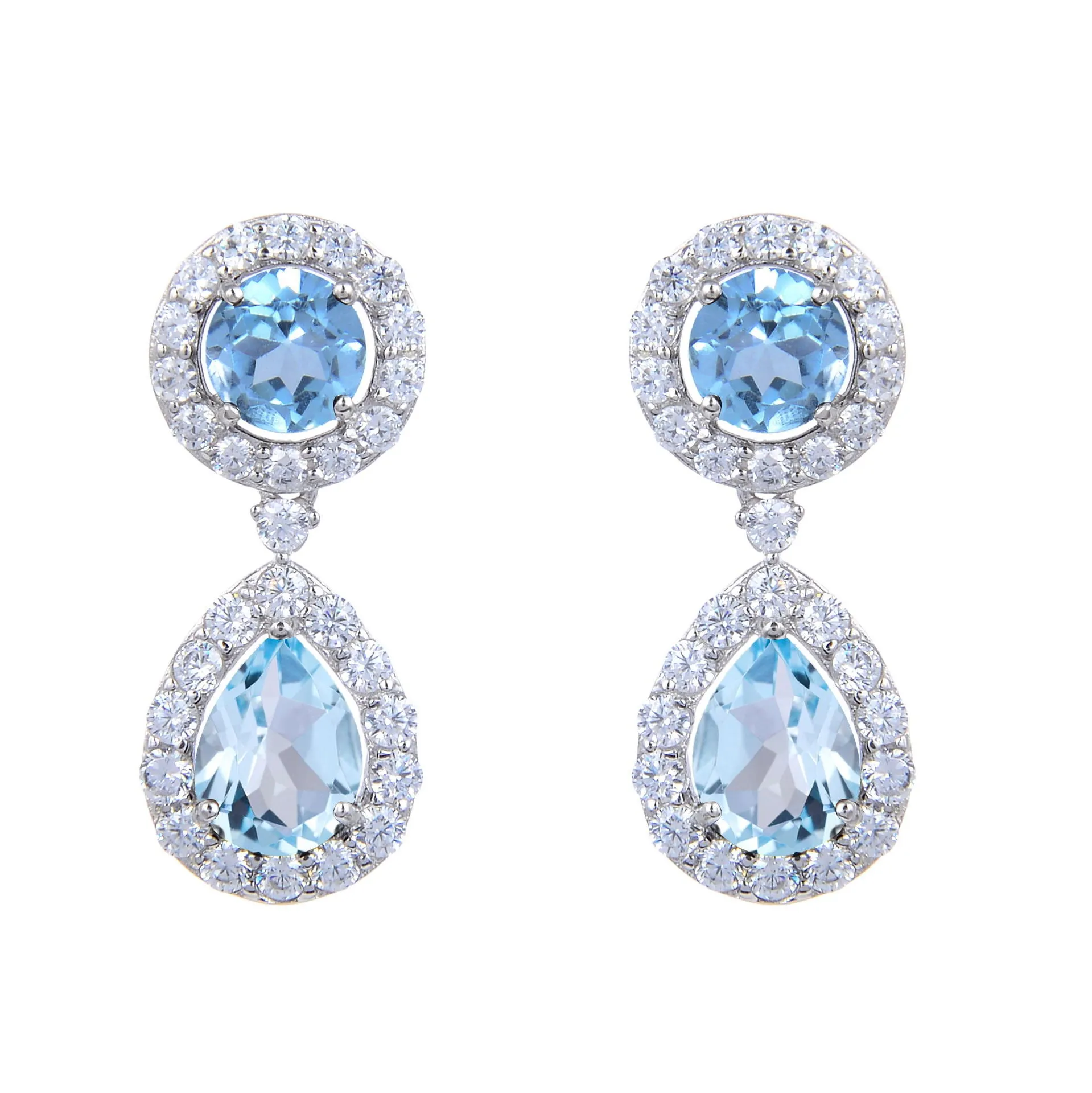 Soleste Halo Round Shape and Pear Shape Natural Gemstone Silver Drop Earrings