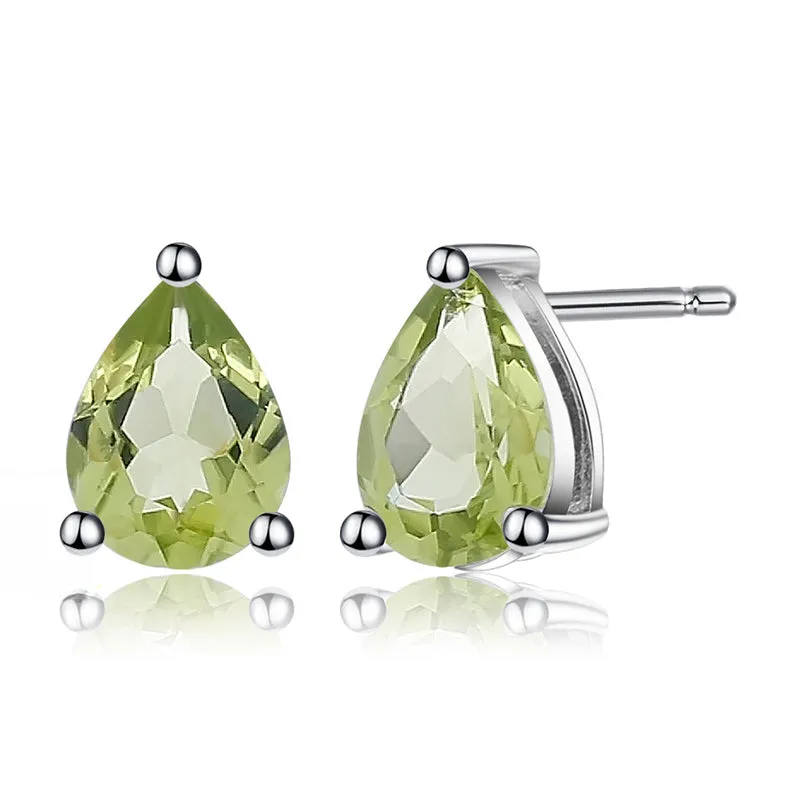 Solitaire Pear Shape Natural Gemstone Silver Stud Earrings