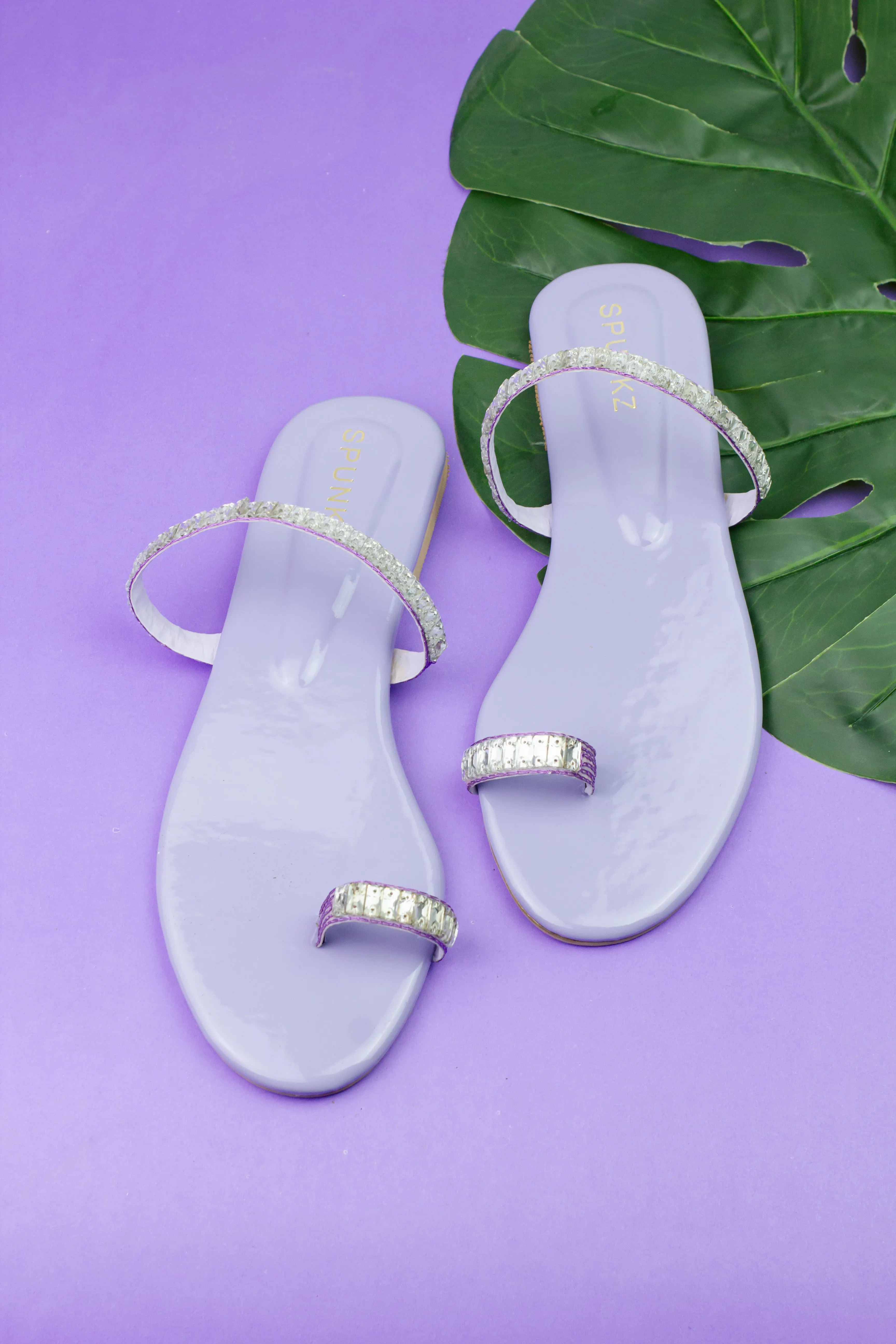 Spunkz Lilac Sparkling Crystal Chain Embellished Formal Thong Sandals