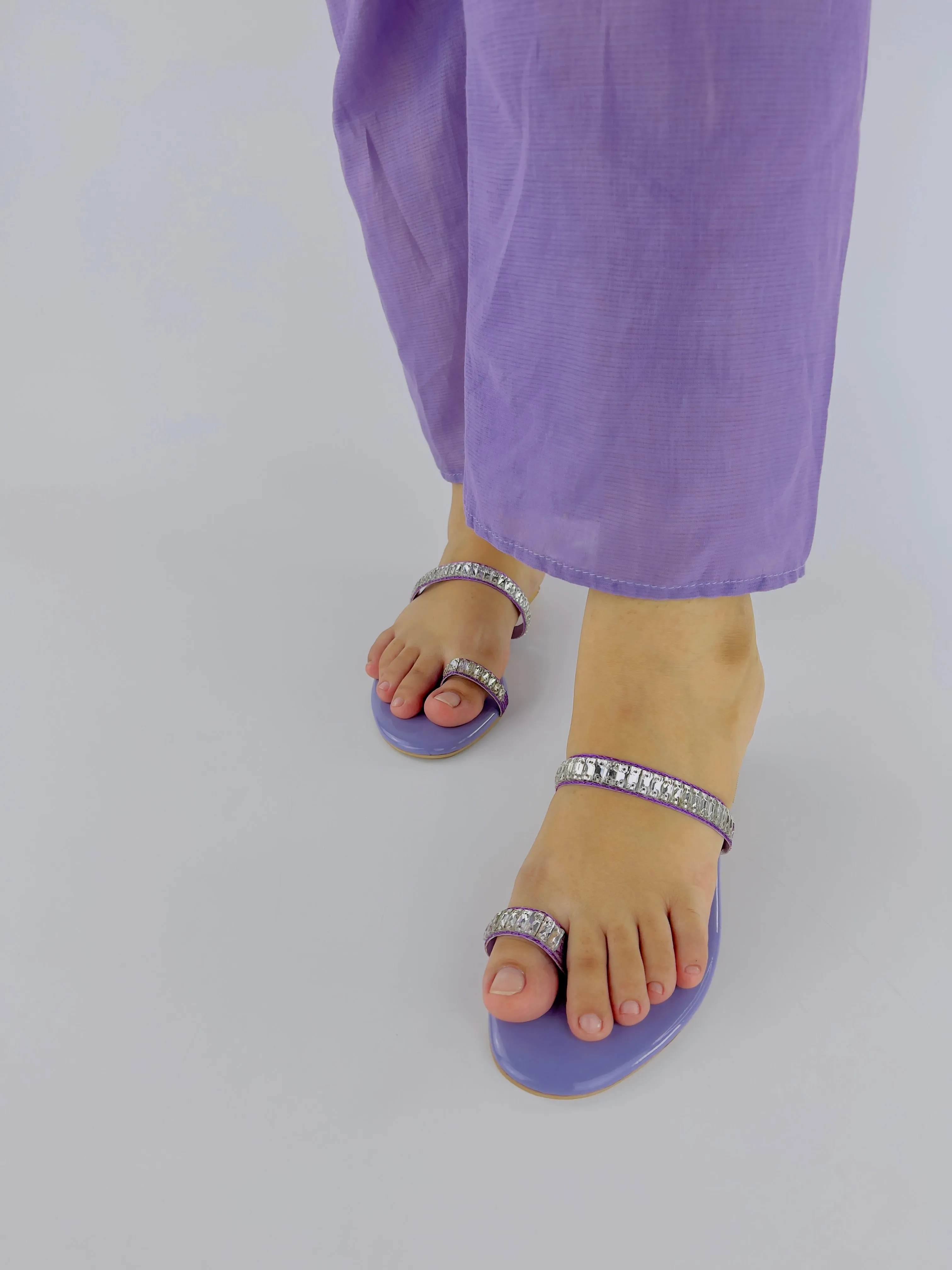 Spunkz Lilac Sparkling Crystal Chain Embellished Formal Thong Sandals