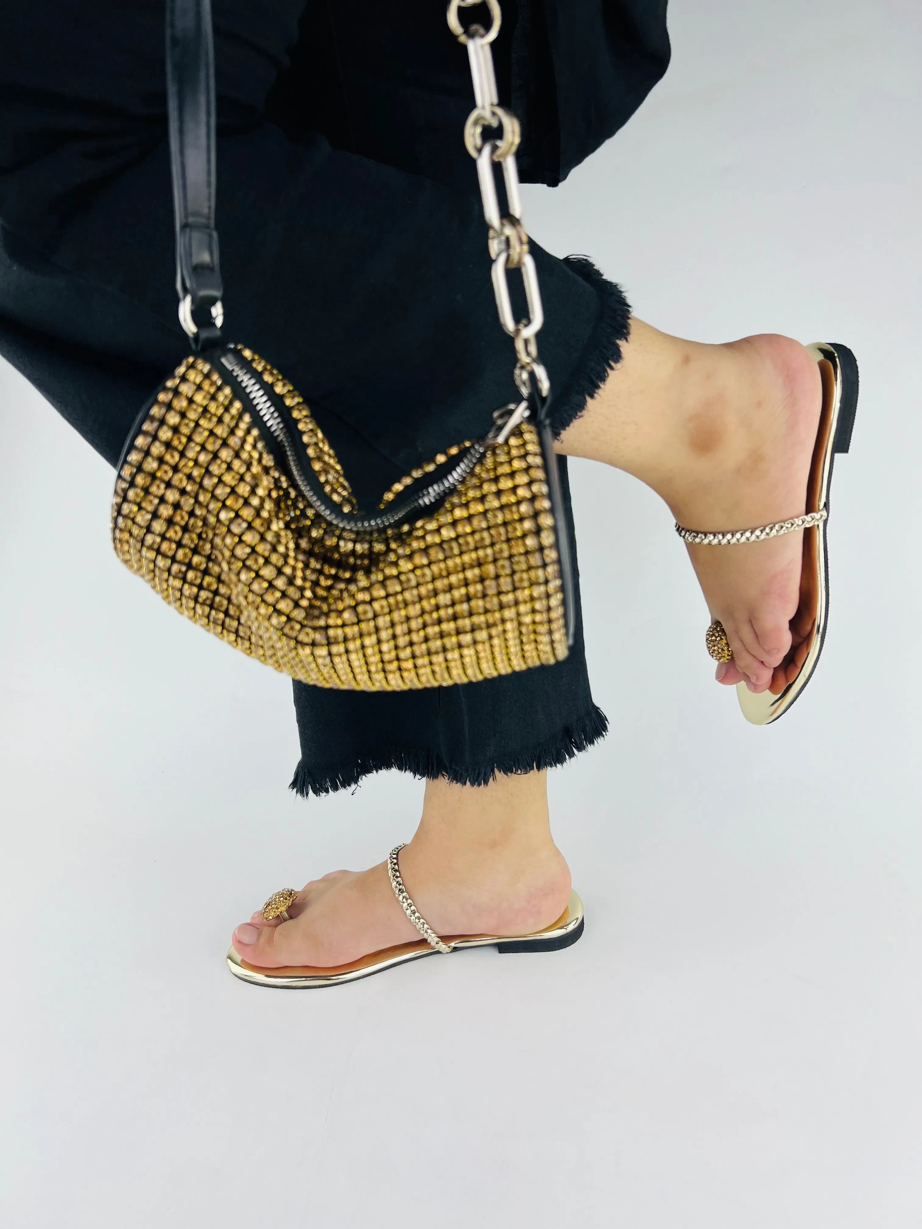 Spunkz Zinia Gold Rhinestone Ball Toe Ring Kolhapuri Flats Slides