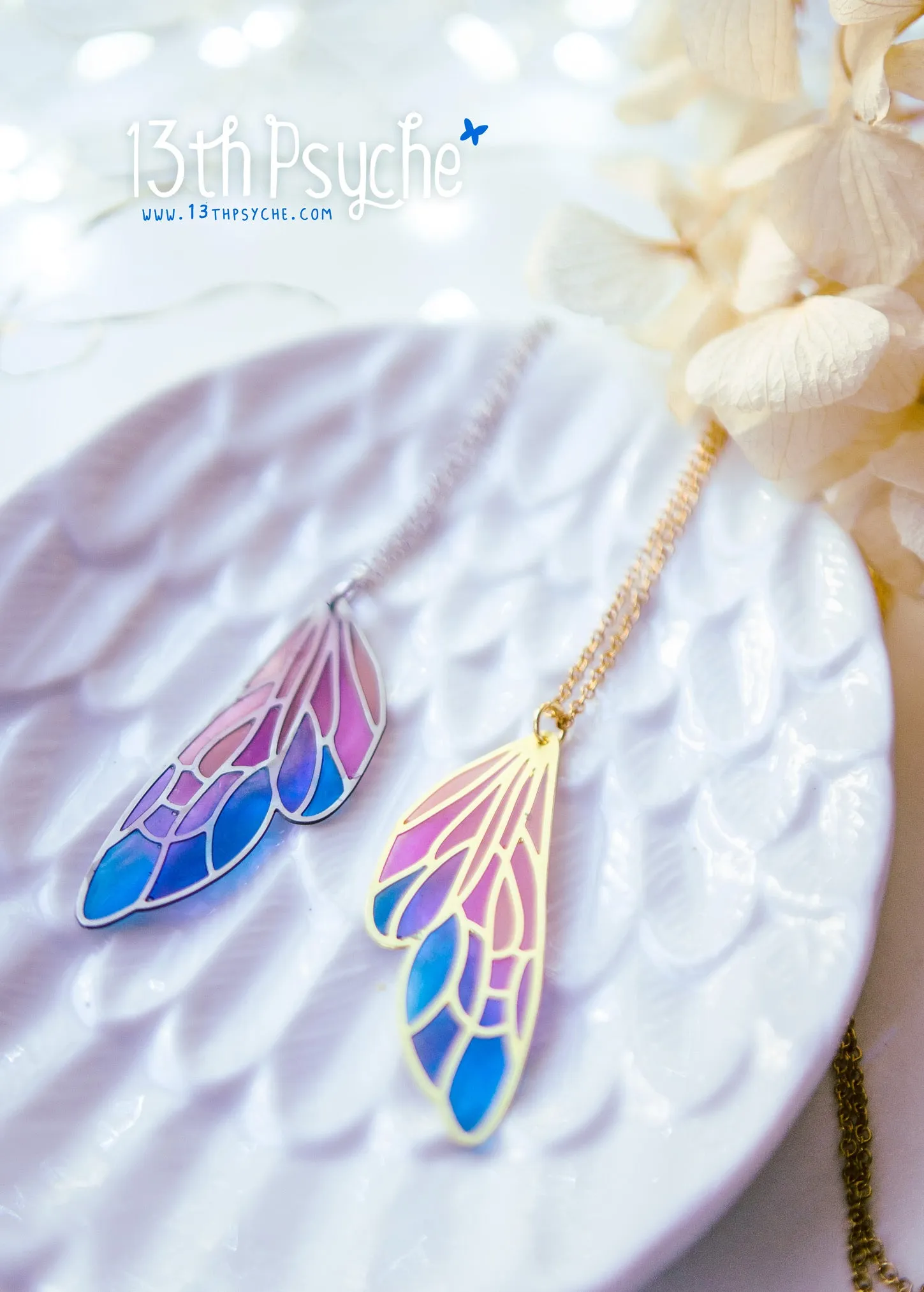 Stained glass inspired fairy wing pendant necklace