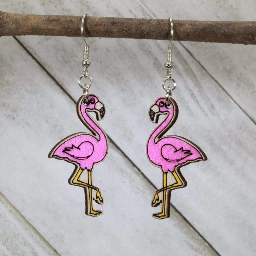 Standing Pink Flamingos Wooden Dangle Earrings by Cate's Concepts, LLC