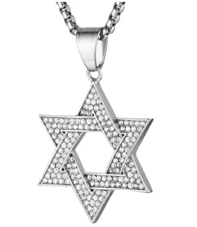 Star Of David Necklace Star Chain Jewish Star Necklace Hebrew 6 Point Star Silver Diamond Stainless Steel 24in.