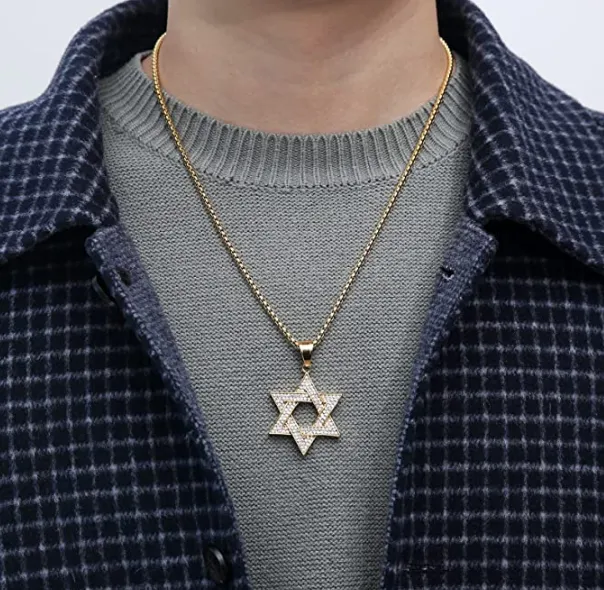 Star Of David Necklace Star Chain Jewish Star Necklace Hebrew 6 Point Star Silver Diamond Stainless Steel 24in.