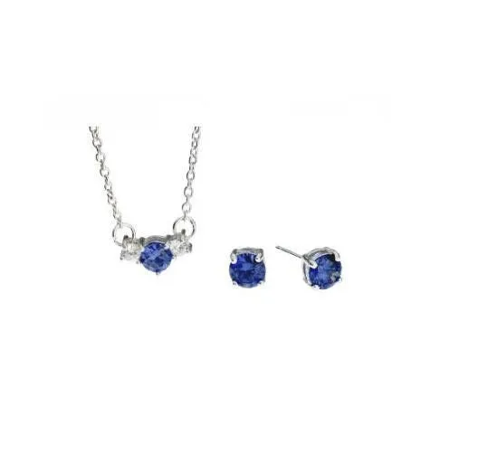 Sterling Silver 3 Stone Sapphire Necklace and Earring Set