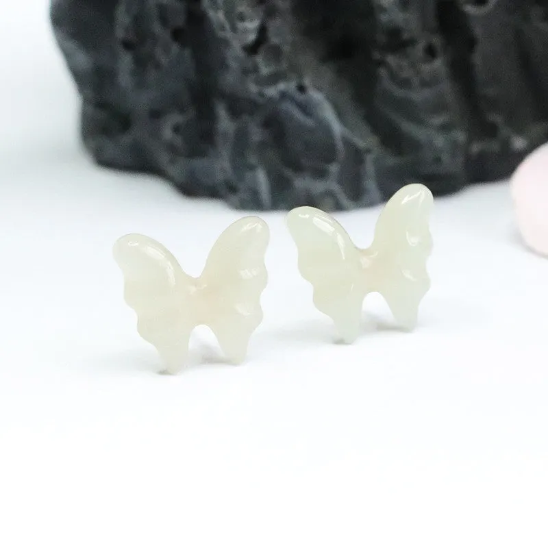 Sterling Silver Butterfly Earrings with Natural Hetian Jade Insets