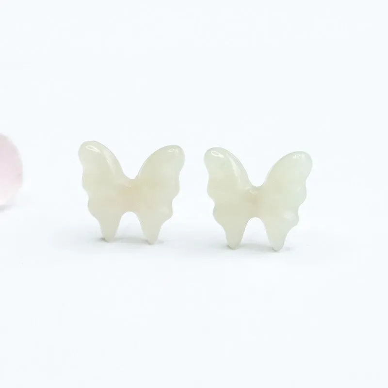 Sterling Silver Butterfly Earrings with Natural Hetian Jade Insets