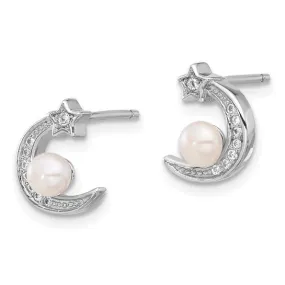 Sterling Silver CZ and Freshwater Pearl Moon and Star Post Earrings