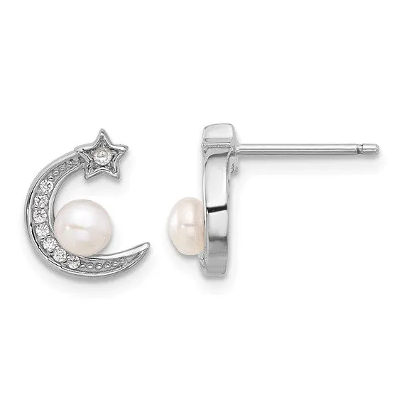 Sterling Silver CZ and Freshwater Pearl Moon and Star Post Earrings