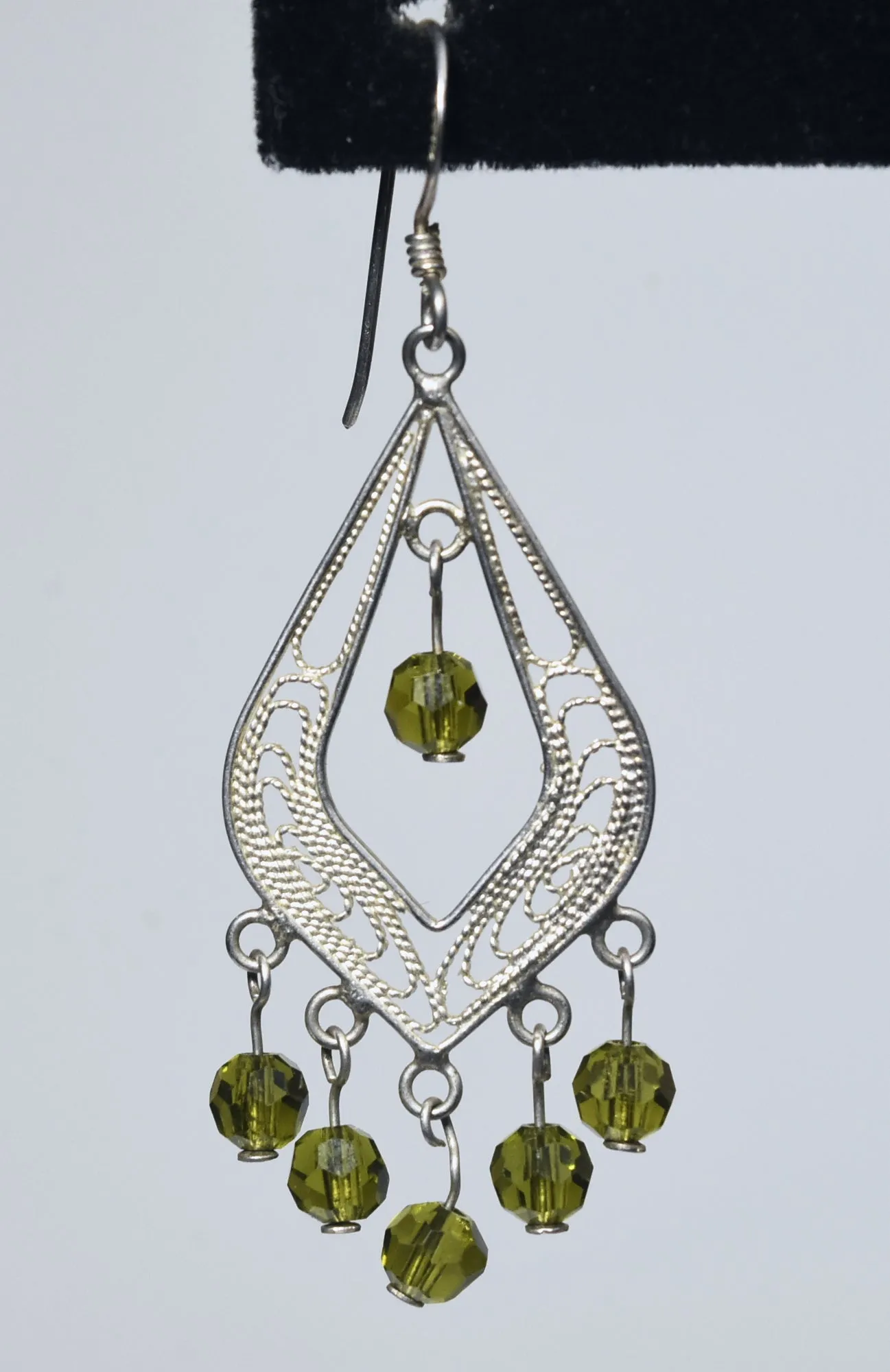 Sterling Silver Filigree Green Glass Bead Dangle Earrings