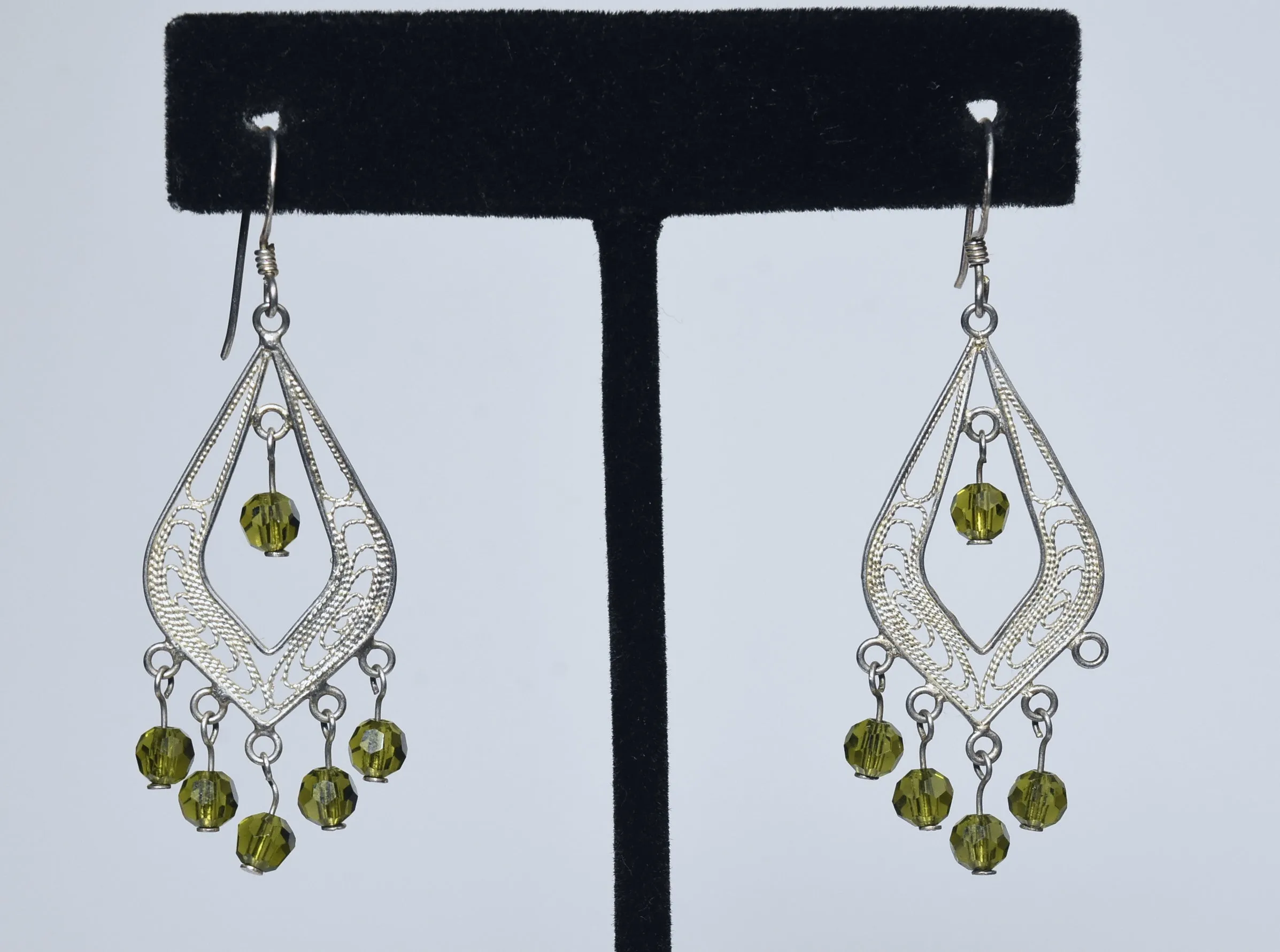 Sterling Silver Filigree Green Glass Bead Dangle Earrings